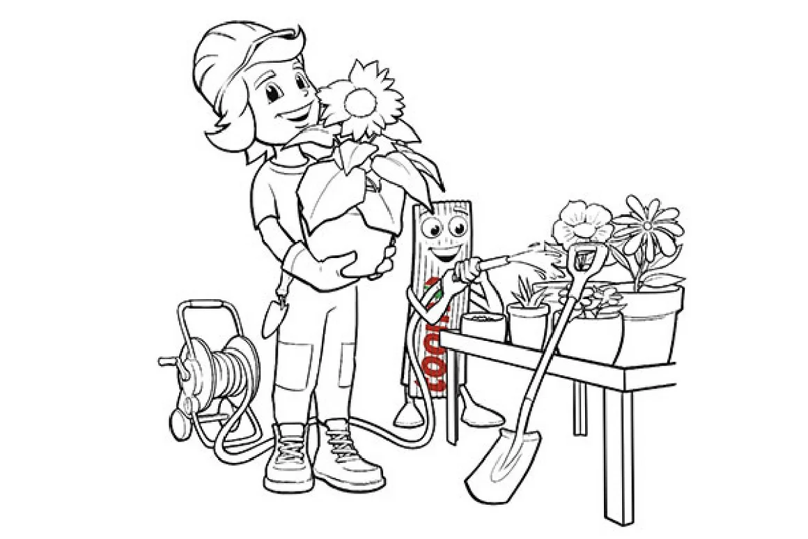 Tom und Zolli Malvorlage: Person und Zollstock gießen Blumen mit Gießkanne